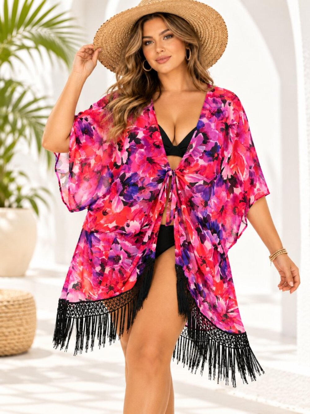 Catalina Poppy Dreams 3X Floral Kimono Swim Cover Up Fringe Tie Front CTP27904